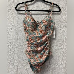 Shade & Shore Shirred Bandeau One Piece Swimsuit Multi Paisley NWT | size Small